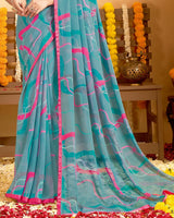Vishal Prints Dusty Blue Printed Georgette Saree With Satin Piping