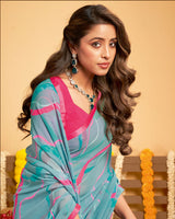 Vishal Prints Dusty Blue Printed Georgette Saree With Satin Piping