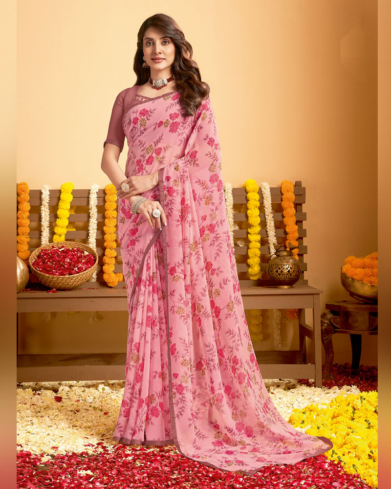 Vishal Prints Daisy Pink Printed Georgette Saree With Satin Piping