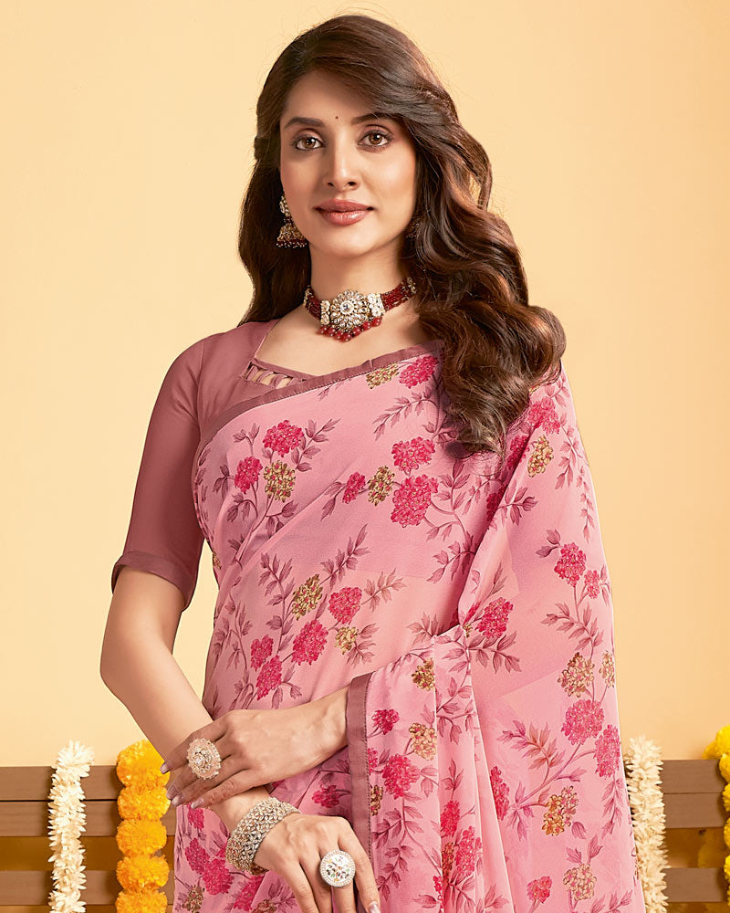 Vishal Prints Daisy Pink Printed Georgette Saree With Satin Piping
