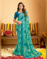 Vishal Prints Mint Green Printed Georgette Saree With Satin Piping