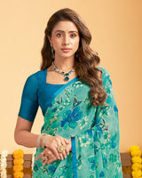 Vishal Prints Mint Green Printed Georgette Saree With Satin Piping