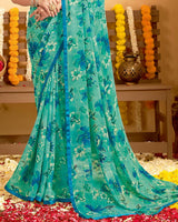 Vishal Prints Mint Green Printed Georgette Saree With Satin Piping