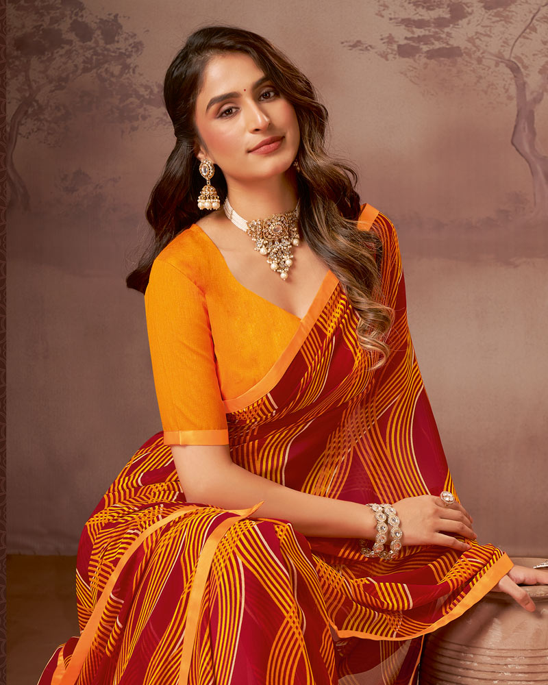 Vishal Prints Red Printed Georgette Saree With Satin Piping