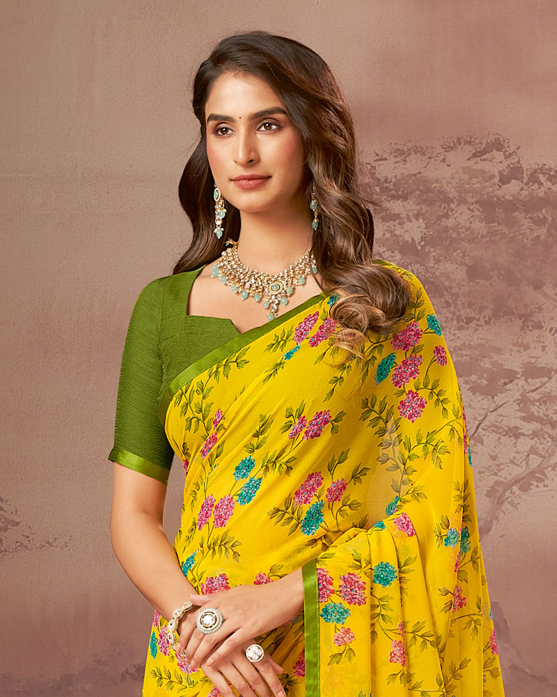 Vishal Prints Bright Yellow Printed Georgette Saree With Satin Piping
