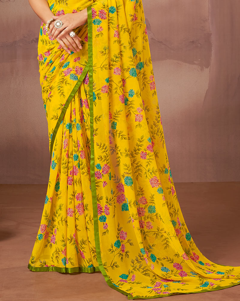 Vishal Prints Bright Yellow Printed Georgette Saree With Satin Piping