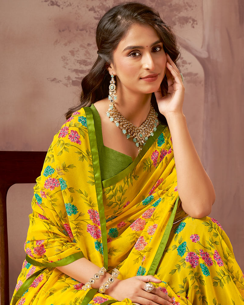 Vishal Prints Bright Yellow Printed Georgette Saree With Satin Piping