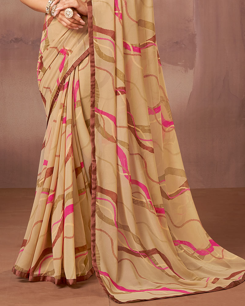 Vishal Prints Beige Printed Georgette Saree With Satin Piping