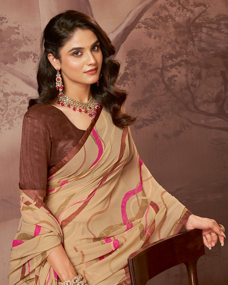 Vishal Prints Beige Printed Georgette Saree With Satin Piping