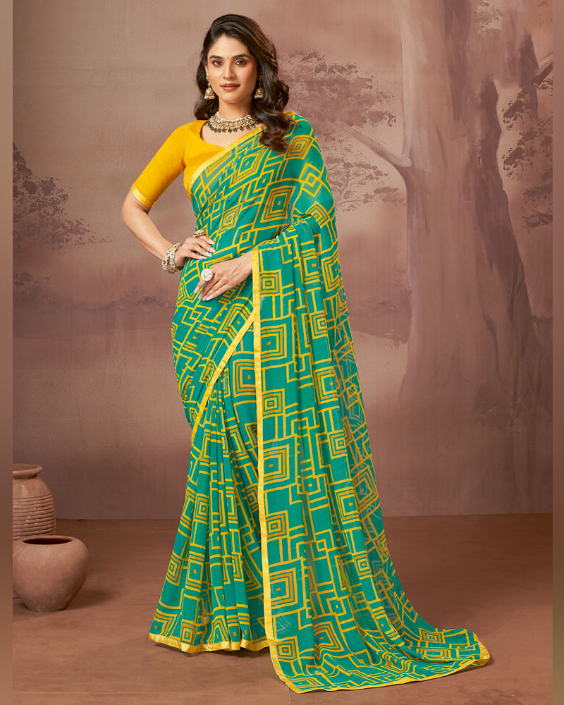Vishal Prints Teal Green Printed Georgette Saree With Satin Piping