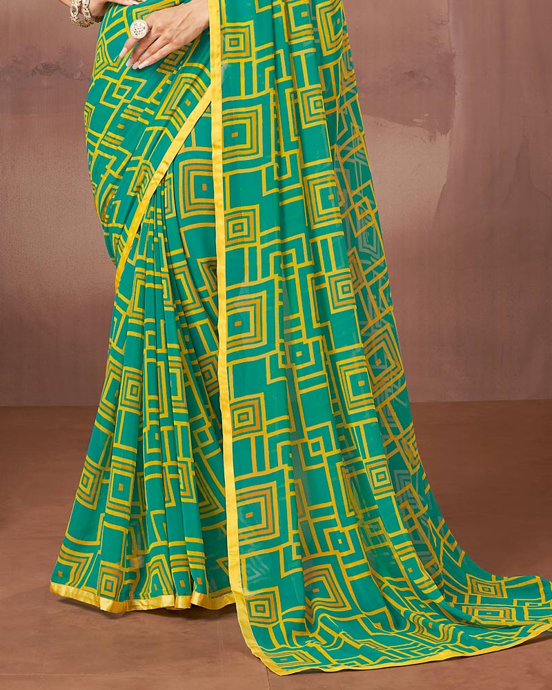 Vishal Prints Teal Green Printed Georgette Saree With Satin Piping