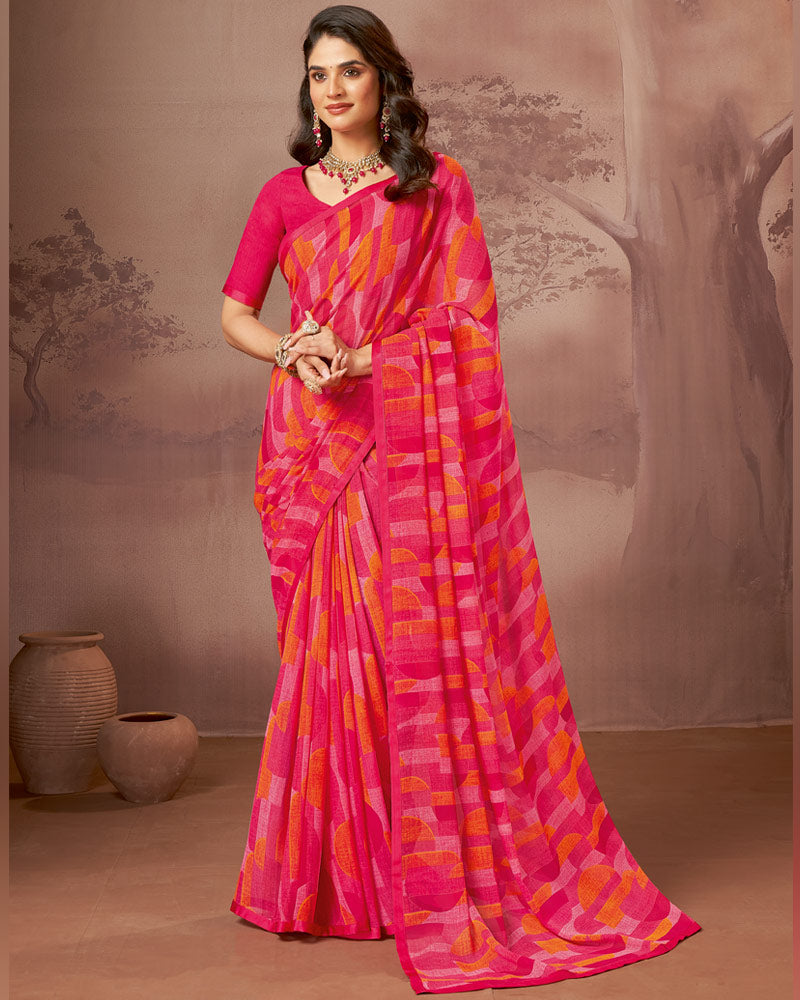Vishal Prints Bright Poppy Pink Printed Georgette Saree With Satin Piping