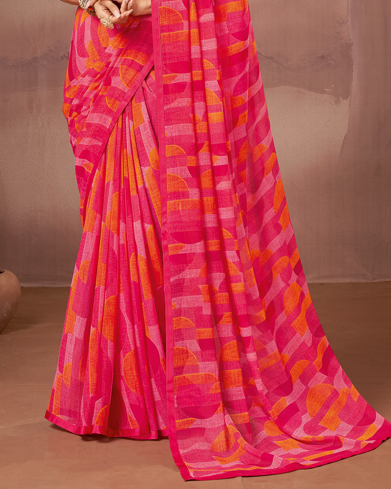Vishal Prints Bright Poppy Pink Printed Georgette Saree With Satin Piping