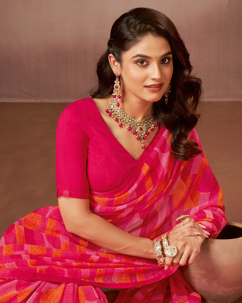 Vishal Prints Bright Poppy Pink Printed Georgette Saree With Satin Piping