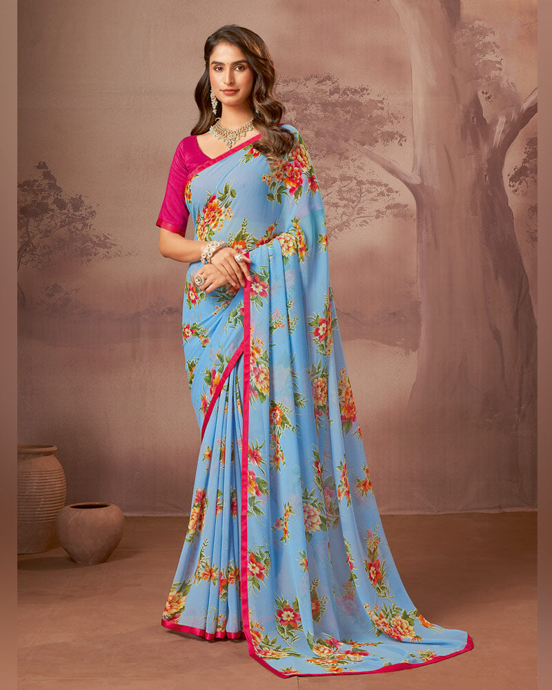 Vishal Prints Light Blue Printed Georgette Saree With Satin Piping