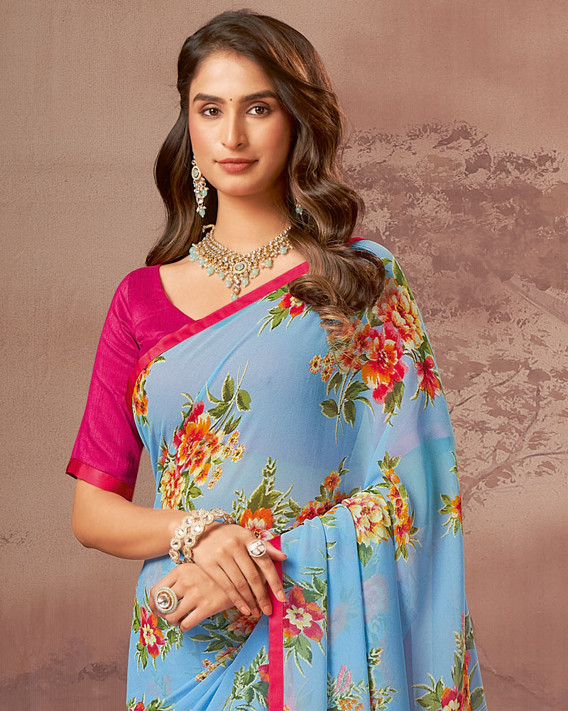 Vishal Prints Light Blue Printed Georgette Saree With Satin Piping