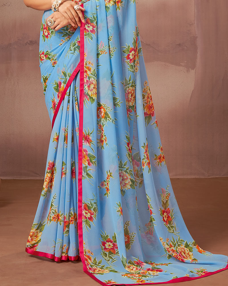 Vishal Prints Light Blue Printed Georgette Saree With Satin Piping
