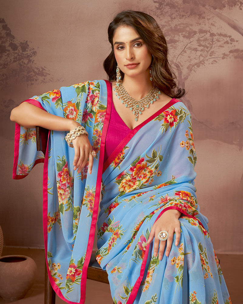 Vishal Prints Light Blue Printed Georgette Saree With Satin Piping