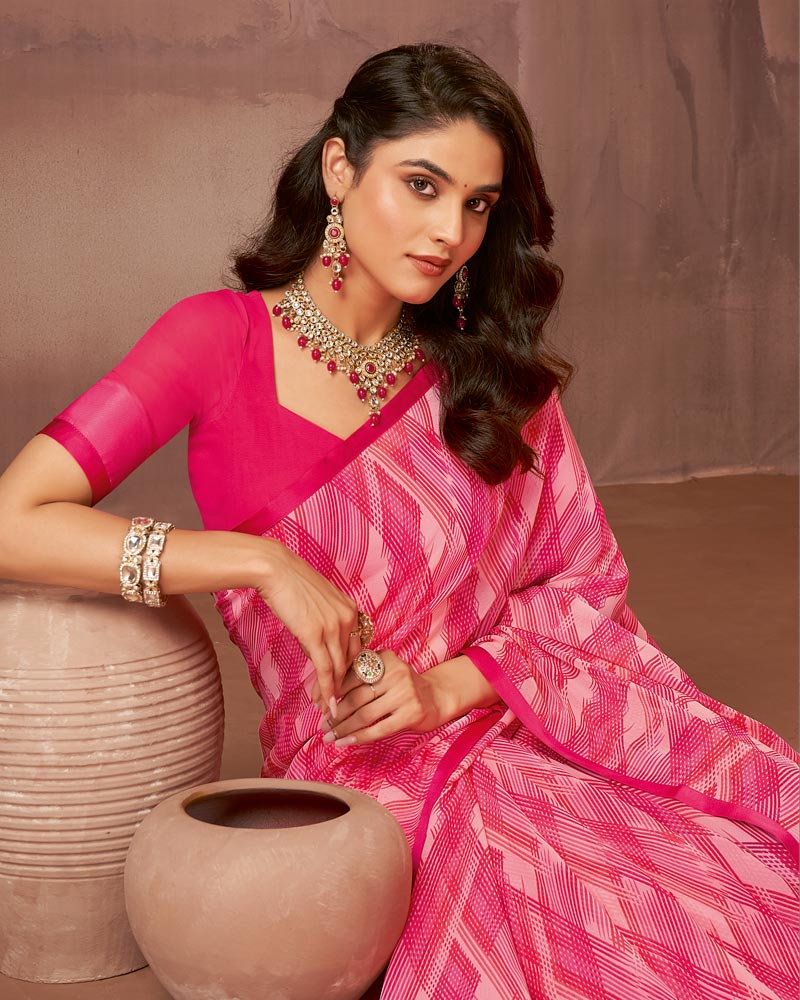 Vishal Prints Bright Pink Printed Georgette Saree With Satin Piping