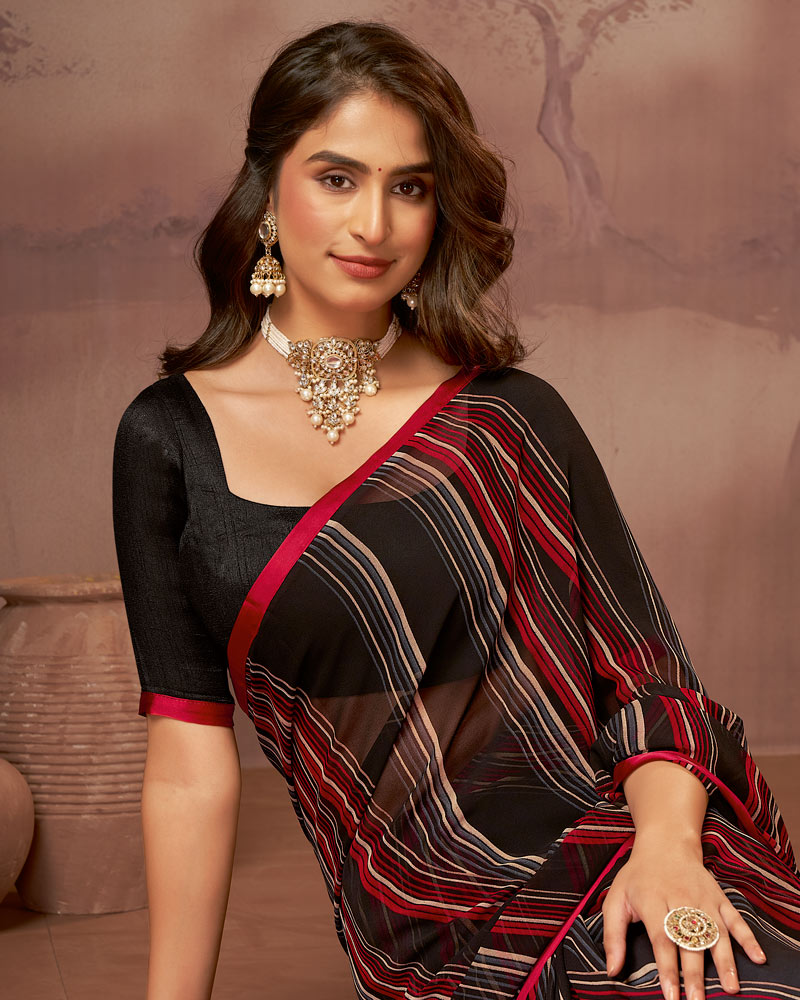 Vishal Prints Black Printed Georgette Saree With Satin Piping