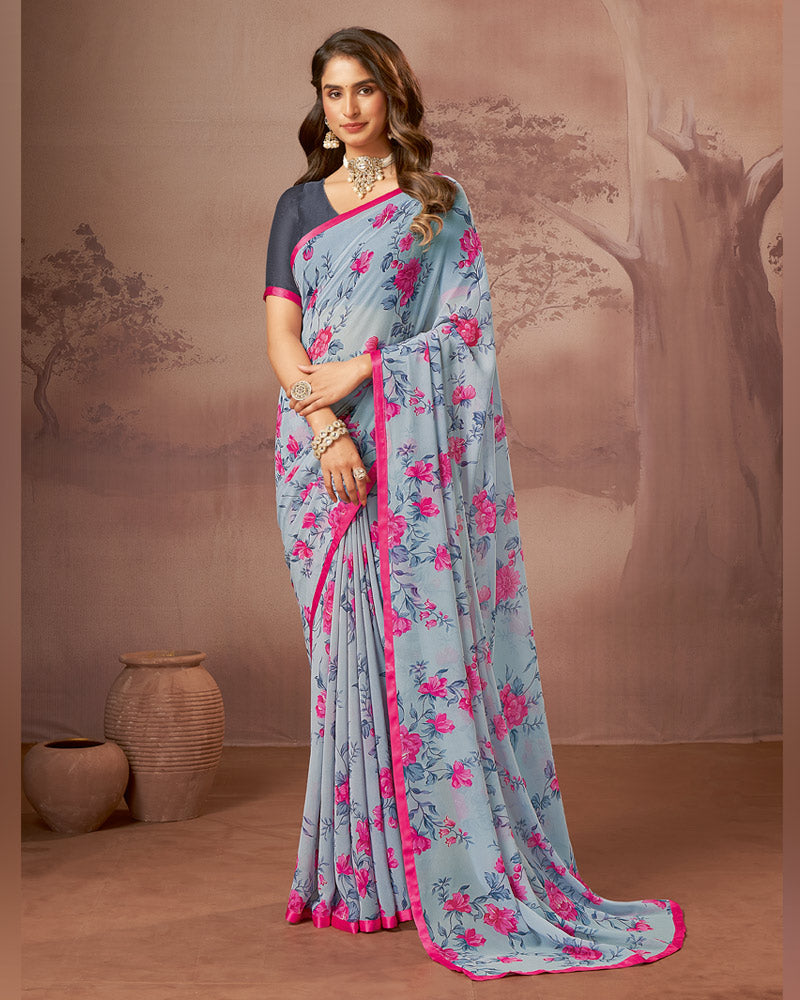 Vishal Prints Pale Blue Printed Georgette Saree With Satin Piping