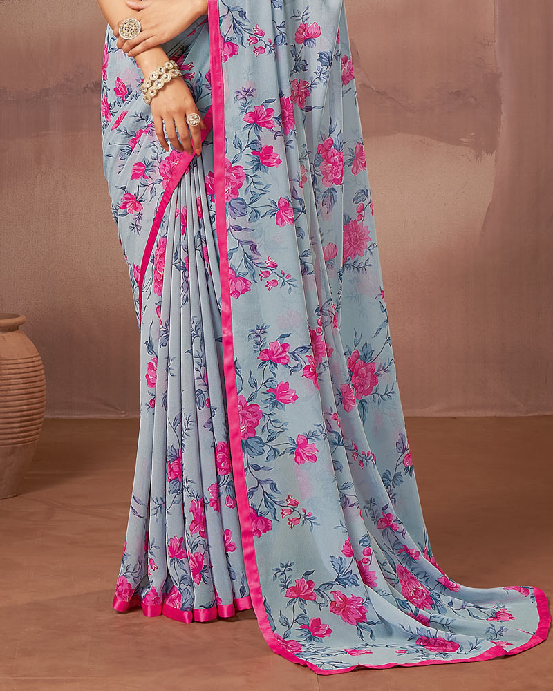 Vishal Prints Pale Blue Printed Georgette Saree With Satin Piping