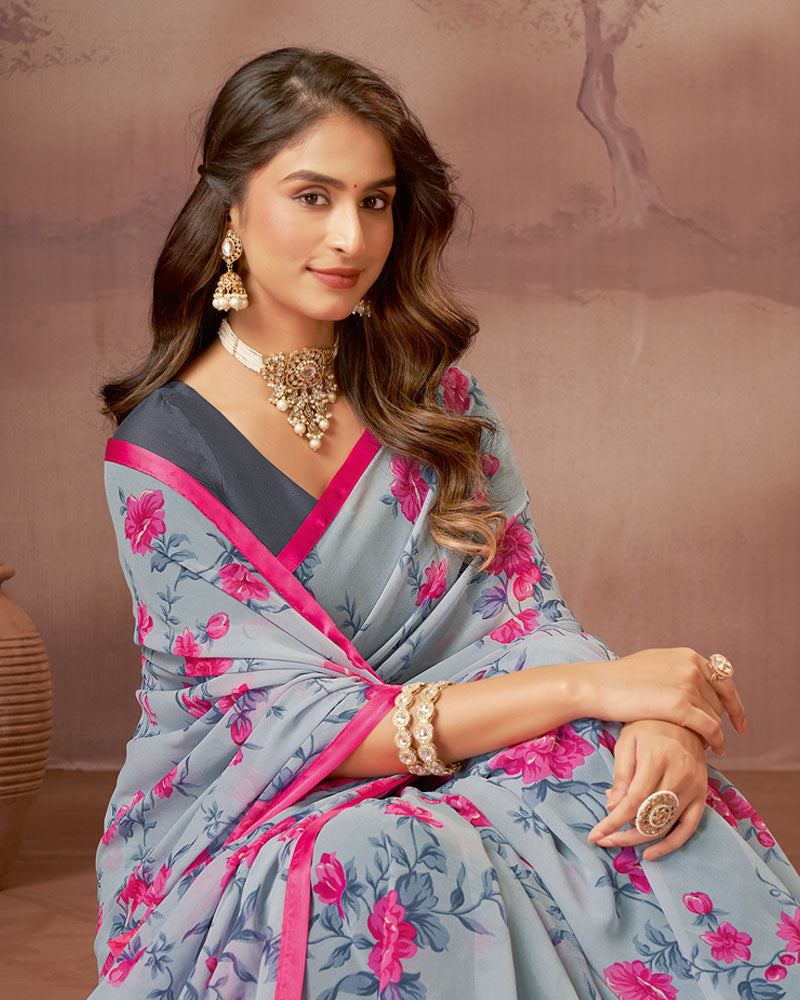 Vishal Prints Pale Blue Printed Georgette Saree With Satin Piping