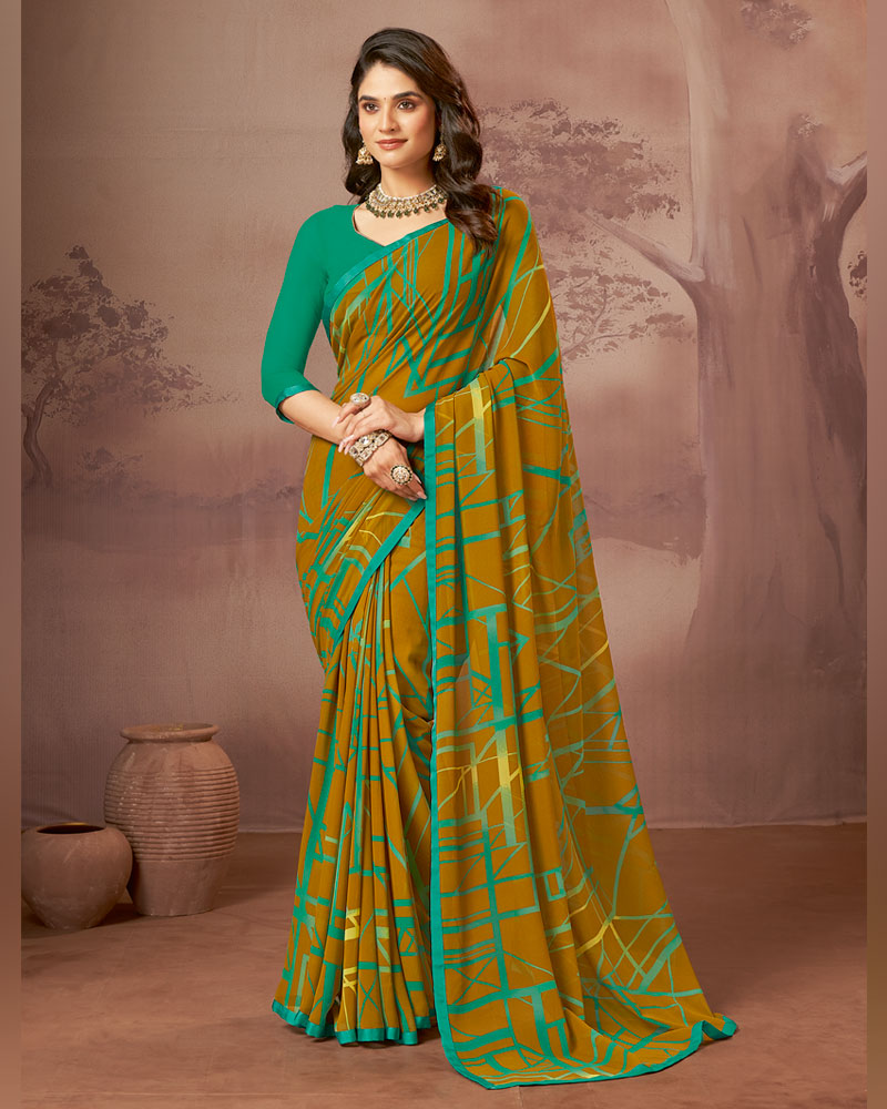 Vishal Prints Dusty Mustard Printed Georgette Saree With Satin Piping