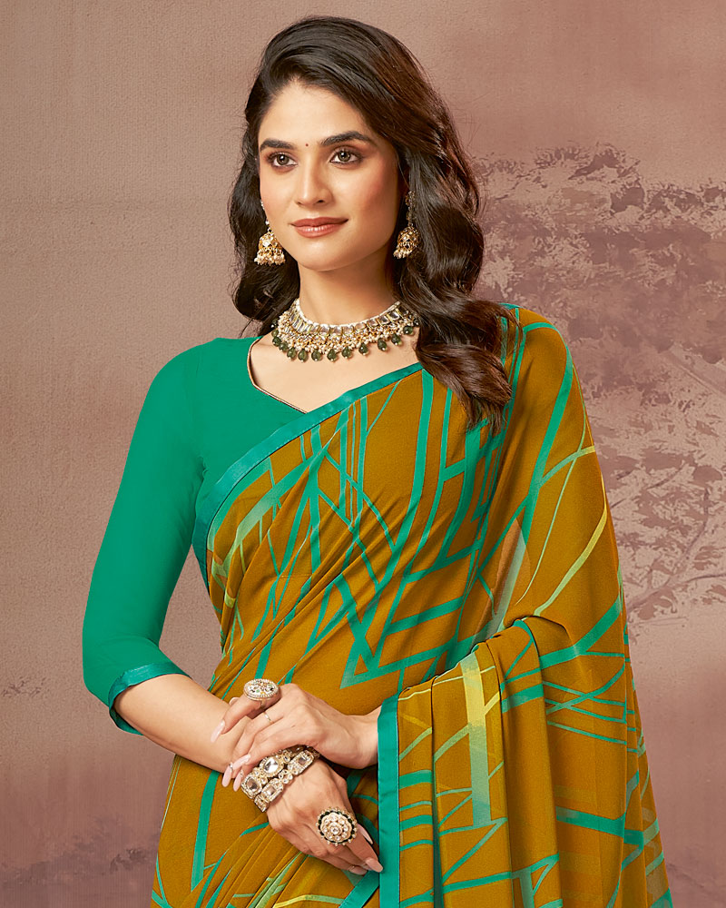 Vishal Prints Dusty Mustard Printed Georgette Saree With Satin Piping