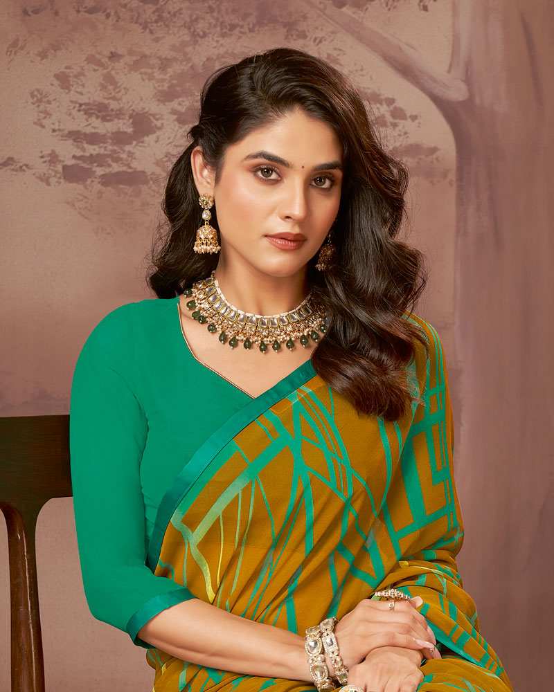 Vishal Prints Dusty Mustard Printed Georgette Saree With Satin Piping