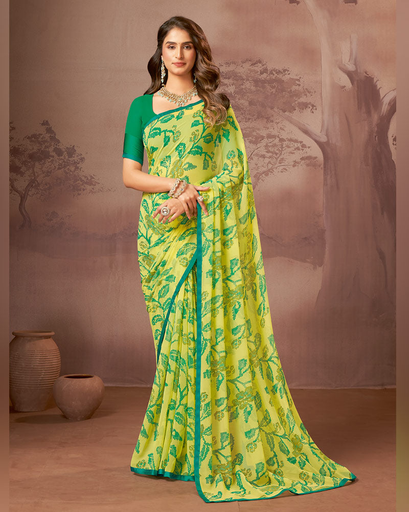 Vishal Prints Pale Yellow Printed Georgette Saree With Satin Piping