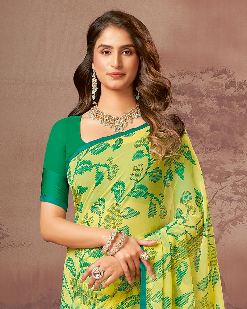 Vishal Prints Pale Yellow Printed Georgette Saree With Satin Piping