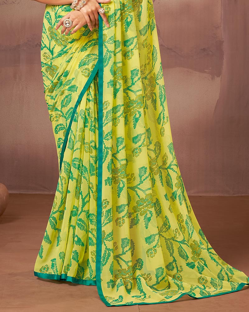 Vishal Prints Pale Yellow Printed Georgette Saree With Satin Piping