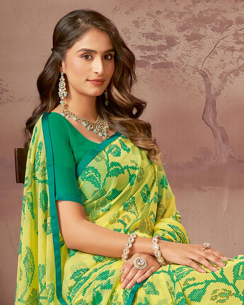 Vishal Prints Pale Yellow Printed Georgette Saree With Satin Piping