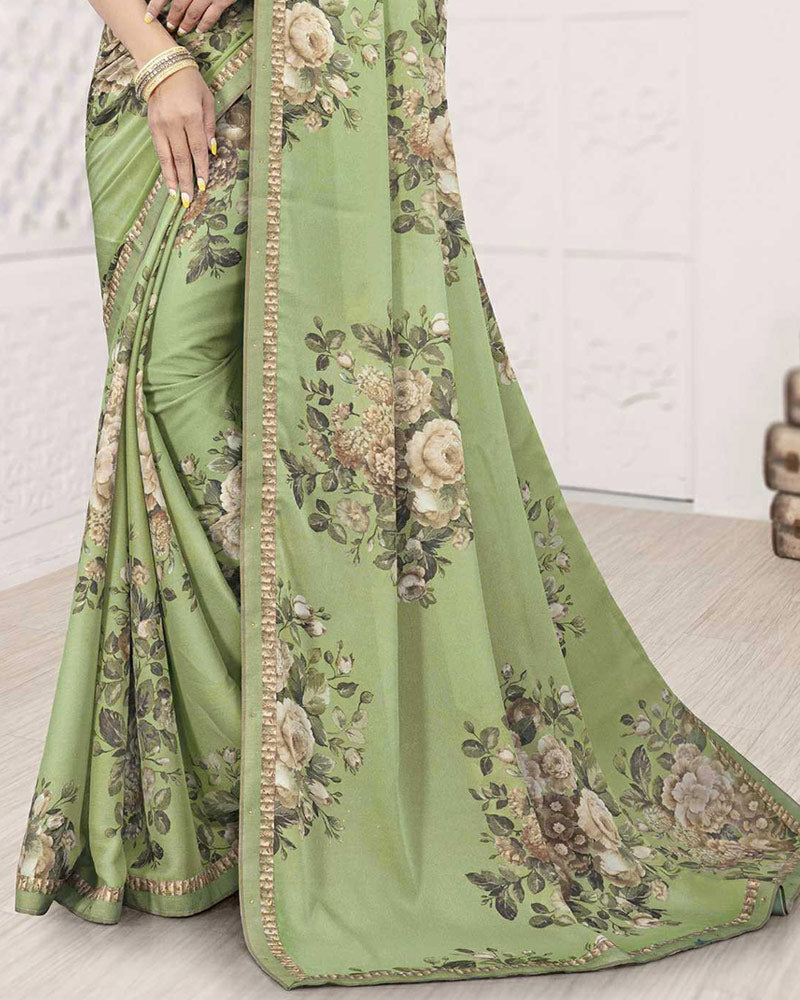 Vishal Prints Moss Green Digital Print Criva Crepe Saree With Fancy Printed Border