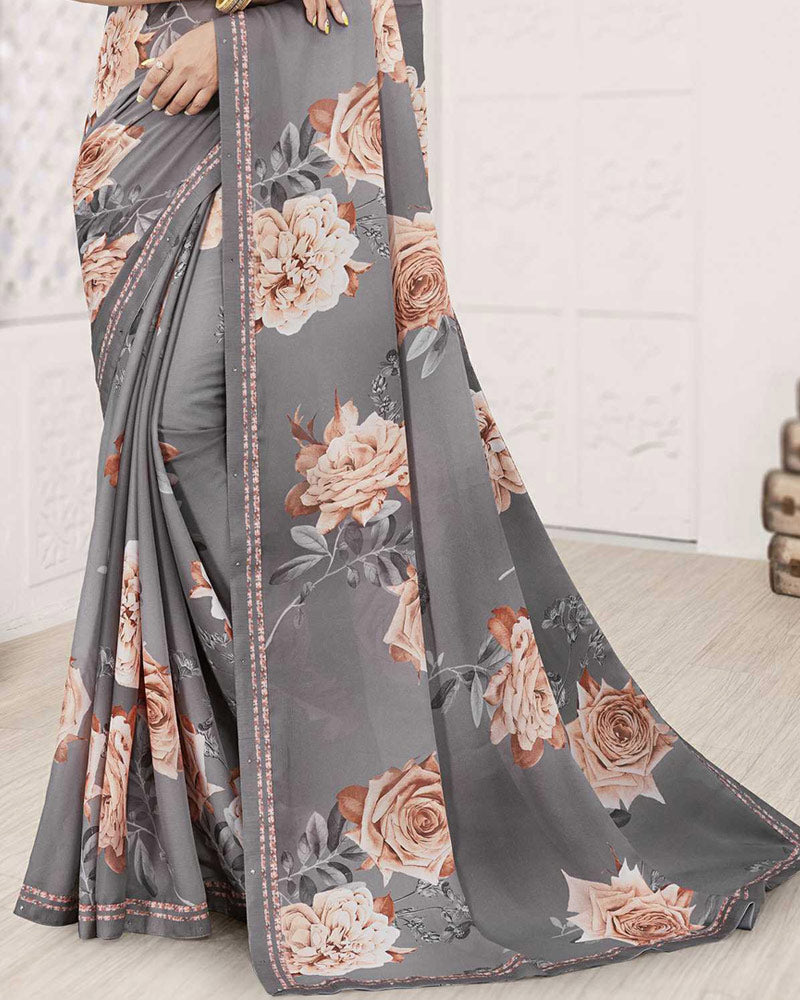 Vishal Prints Charcoal Grey Digital Print Criva Crepe Saree With Fancy Printed Border