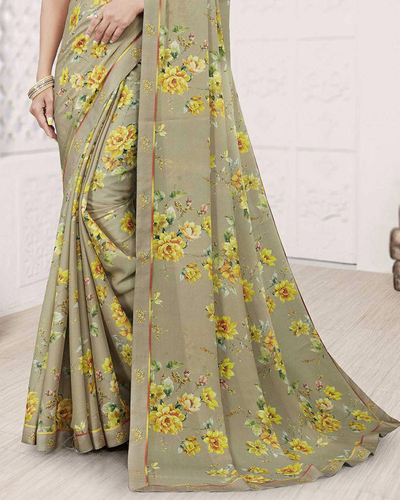 Vishal Prints Sand Grey Digital Print Criva Crepe Saree With Fancy Printed Border