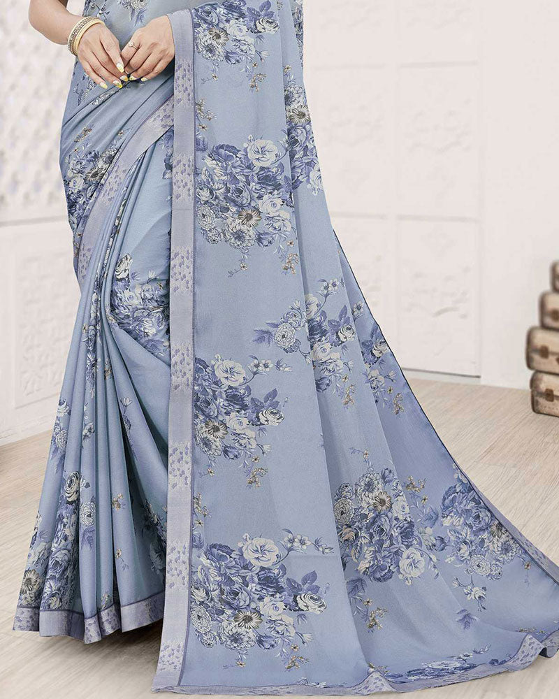 Vishal Prints Cement Grey Digital Print Criva Crepe Saree With Fancy Printed Border