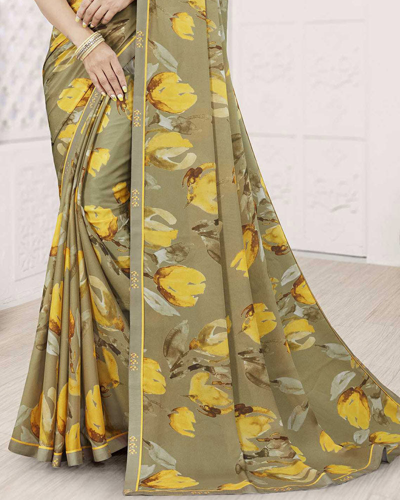 Vishal Prints Khaki Green Digital Print Criva Crepe Saree With Fancy Printed Border