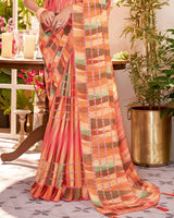 Vishal Prints Coral Pink Fancy Chiffon Saree With Core Piping And Tassel