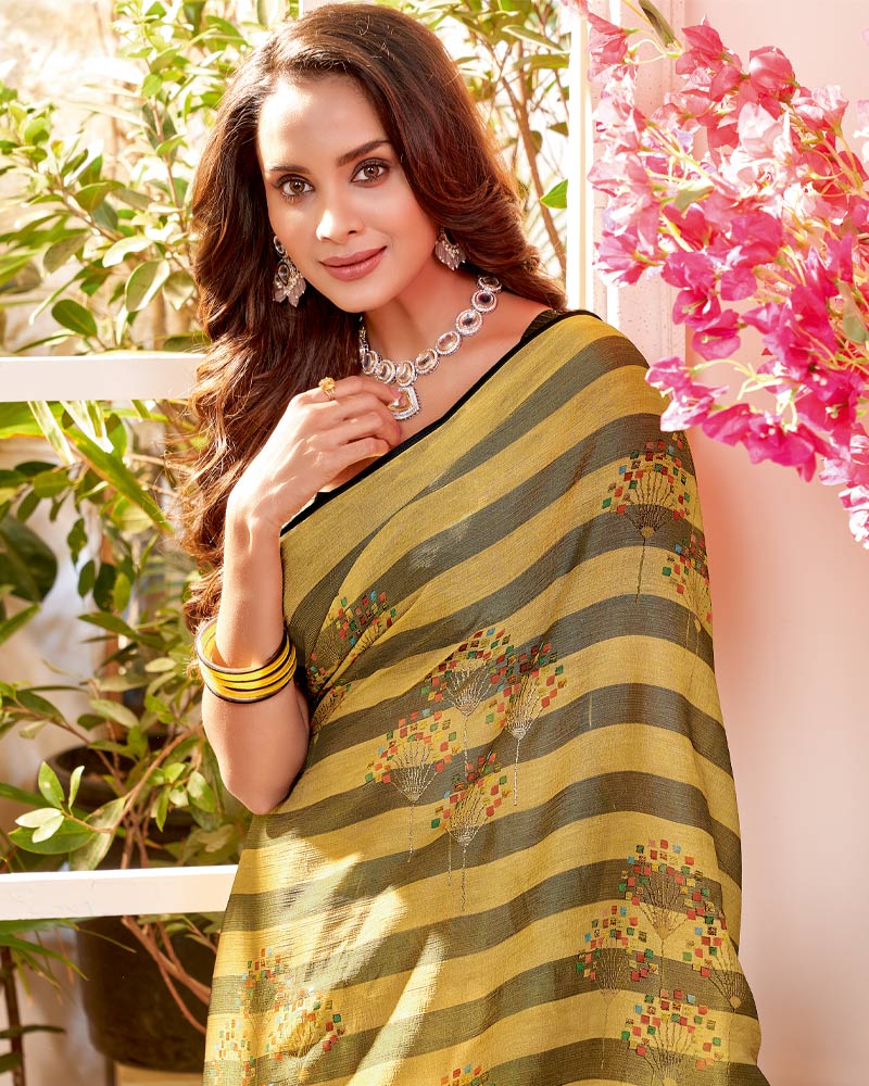 Vishal Prints Light Mustard Fancy Chiffon Saree With Core Piping And Tassel