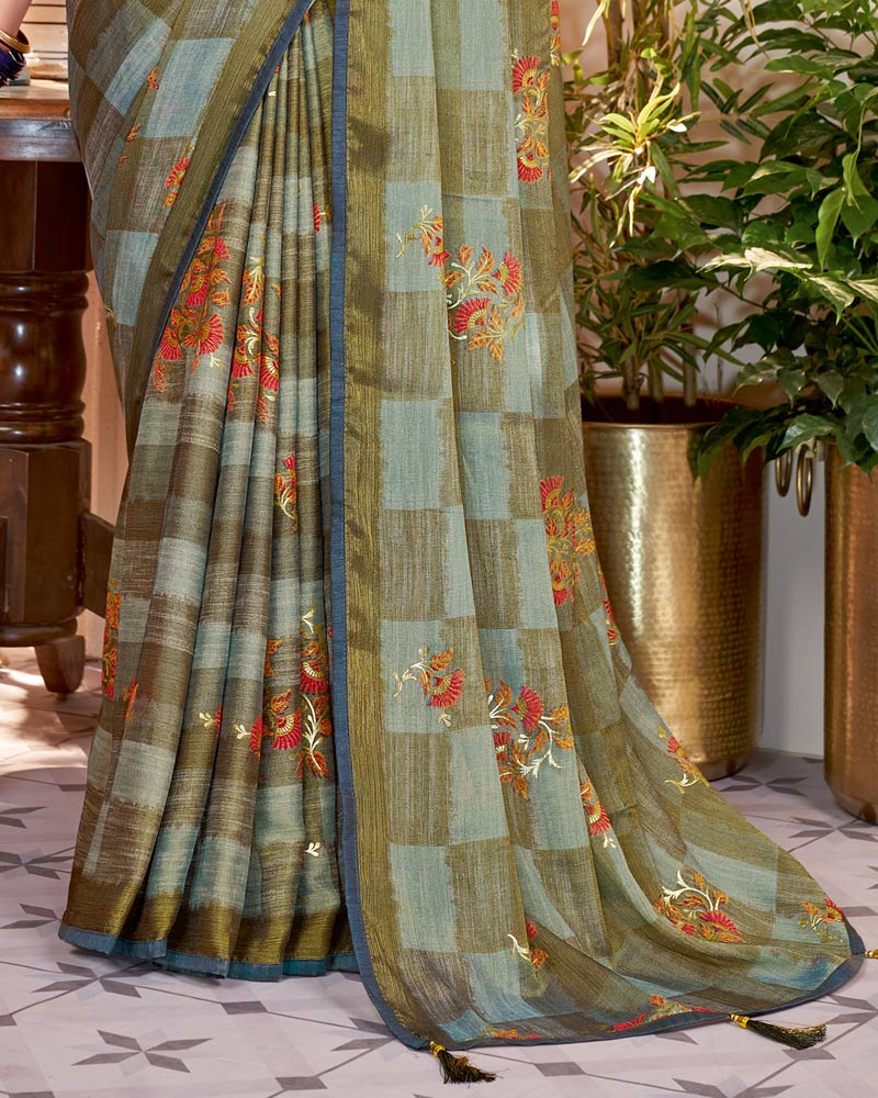 Vishal Prints Dark Sand Fancy Chiffon Saree With Core Piping And Tassel