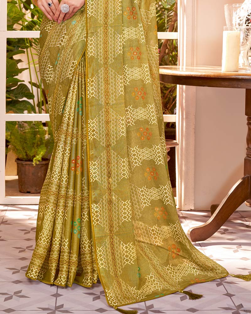 Vishal Prints Dark Mustard Fancy Chiffon Saree With Core Piping And Tassel