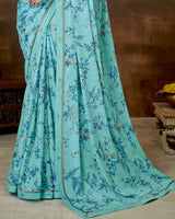 Vishal Prints Pastel Blue Printed Criva Crepe Saree With Fancy Satin Border