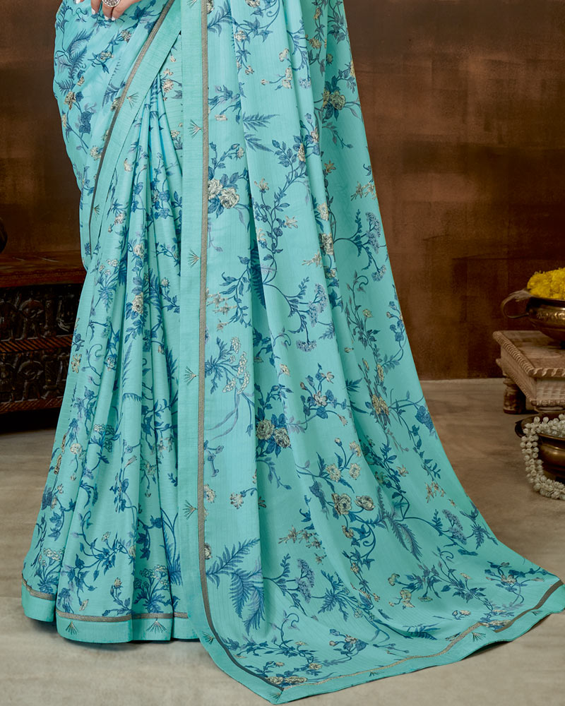 Vishal Prints Pastel Blue Printed Criva Crepe Saree With Fancy Satin Border
