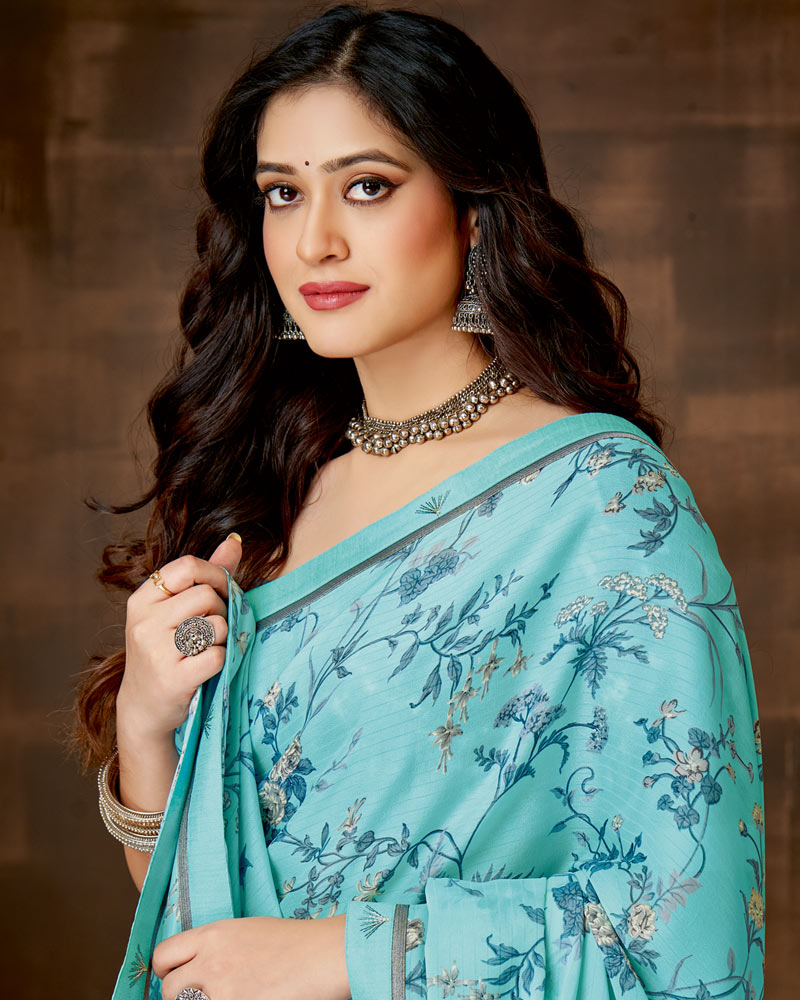 Vishal Prints Pastel Blue Printed Criva Crepe Saree With Fancy Satin Border