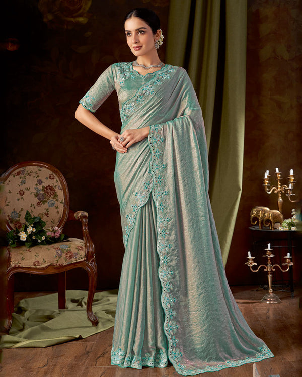 Vishal Prints Teal Green Designer Satin-Chiffon Saree With Embroidery-Mirror Work And Cut Work Border