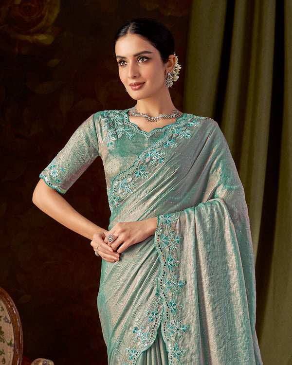 Vishal Prints Teal Green Designer Satin-Chiffon Saree With Embroidery-Mirror Work And Cut Work Border