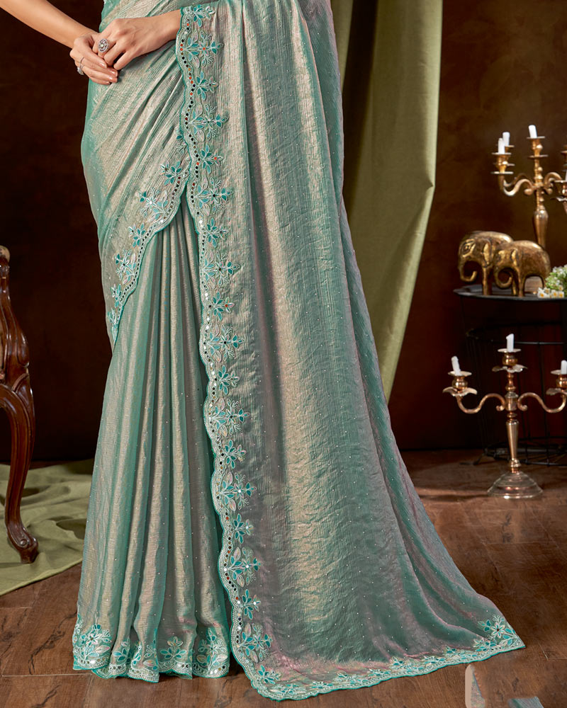 Vishal Prints Teal Green Designer Satin-Chiffon Saree With Embroidery-Mirror Work And Cut Work Border