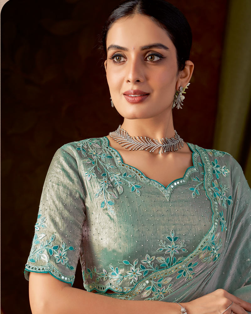 Vishal Prints Teal Green Designer Satin-Chiffon Saree With Embroidery-Mirror Work And Cut Work Border